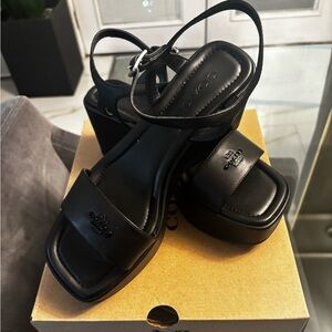 Coach Black Leather Platform Sandals